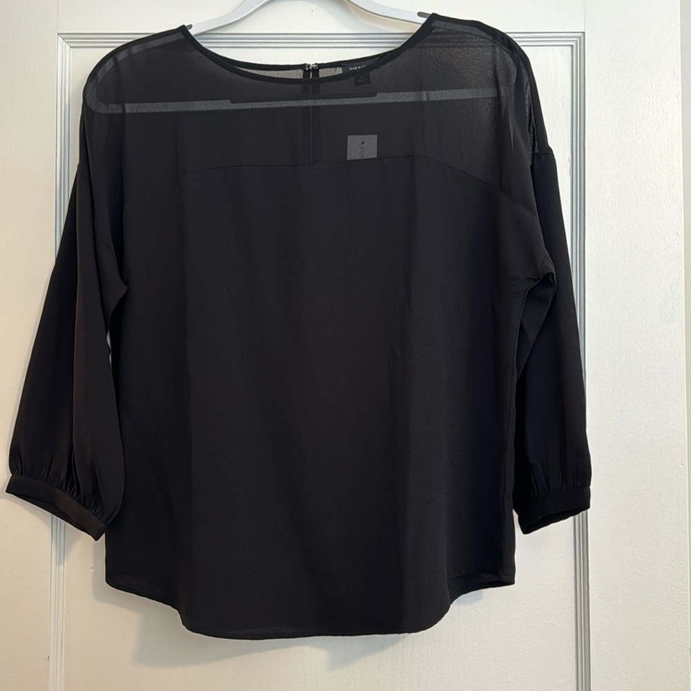 Black Ann Taylor Blouse, Size S, Sheer Shoulders/Neck.  Great for day to night